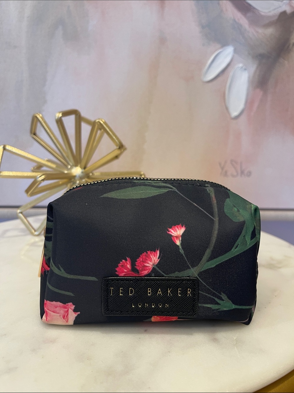 NWOT Ted Baker Black Floral Zip Pouch with Pink Blooms